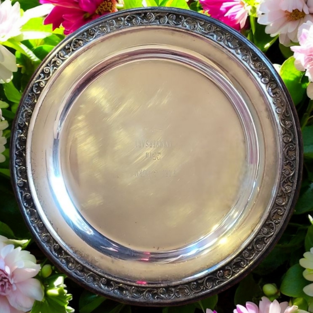 Vtg Silver Plated Heavy Scoll Tray Plate 25th Anniversary Earl & Norma